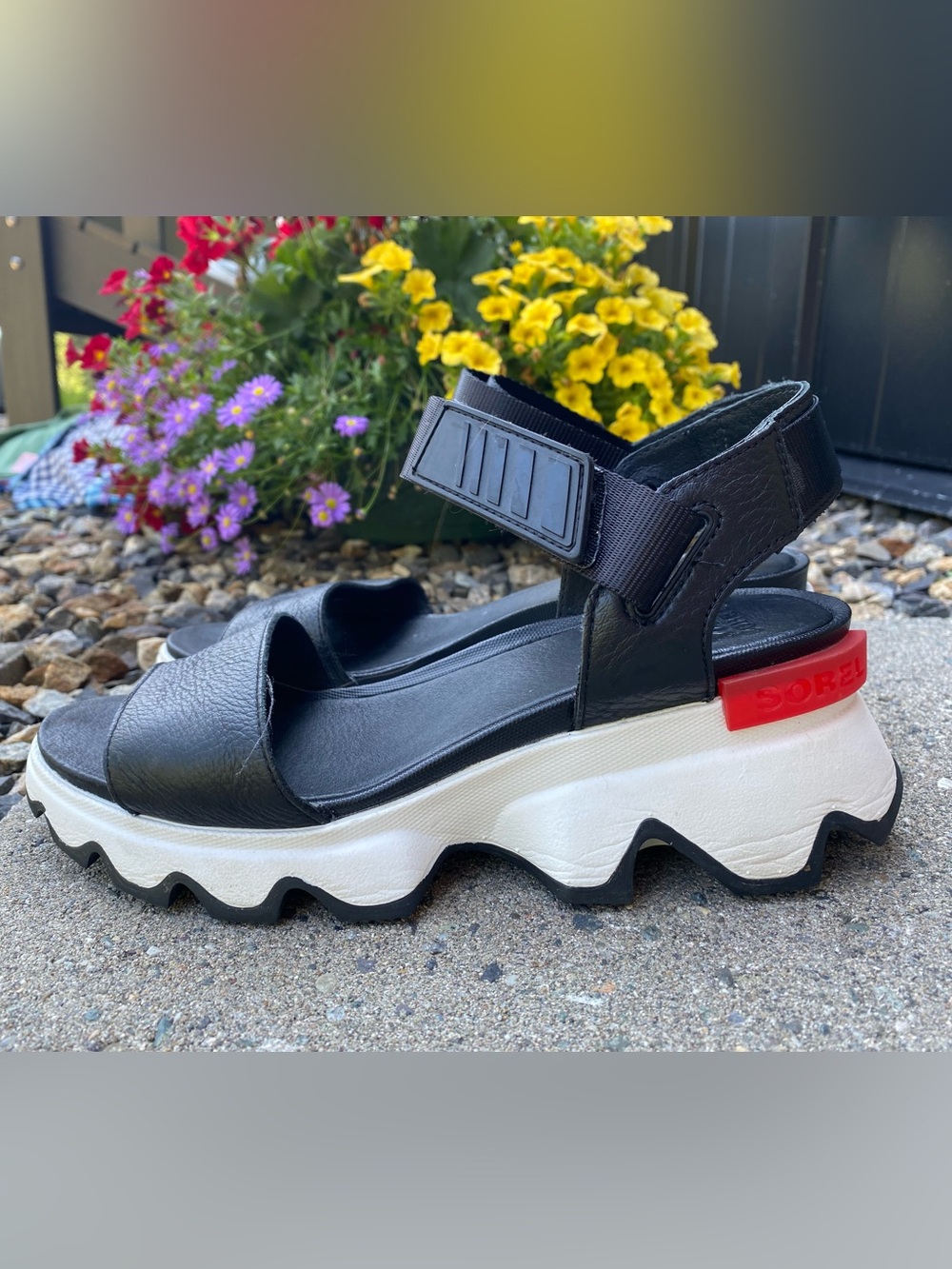 Sorel kinetic Black Platform Sport Sandal with White Sole